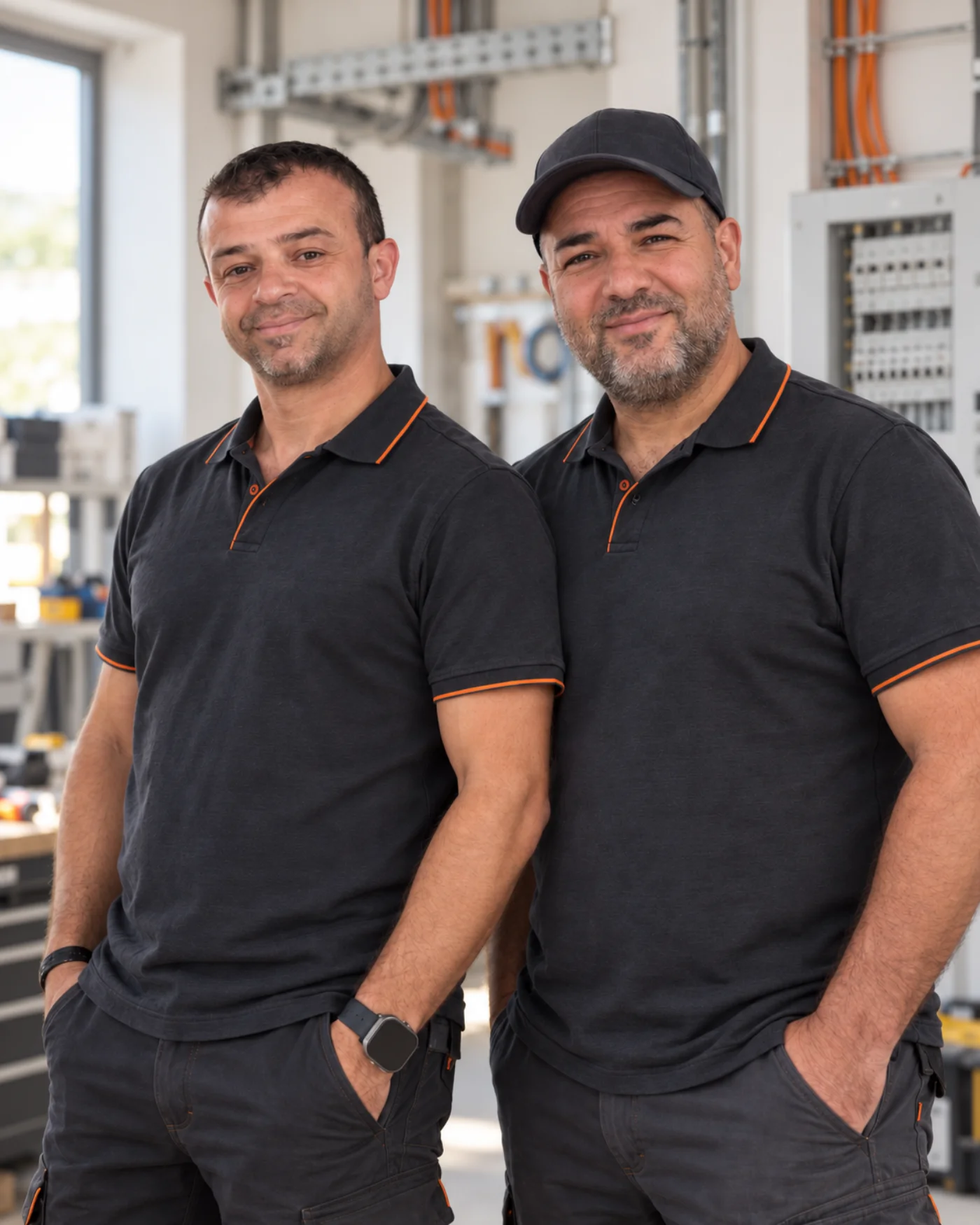 Die beiden Chefs von BM Elektroservice – freundlich inszeniertes Porträt nach Originalfotos