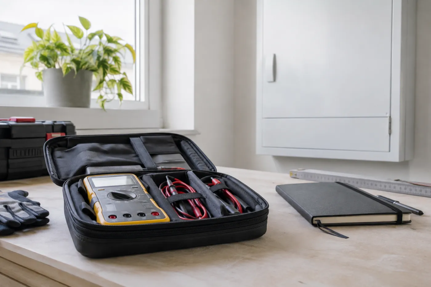 Messgerät mit abgelegten Leitungen in einer Werkzeugtasche vor einem geschlossenen Verteiler.