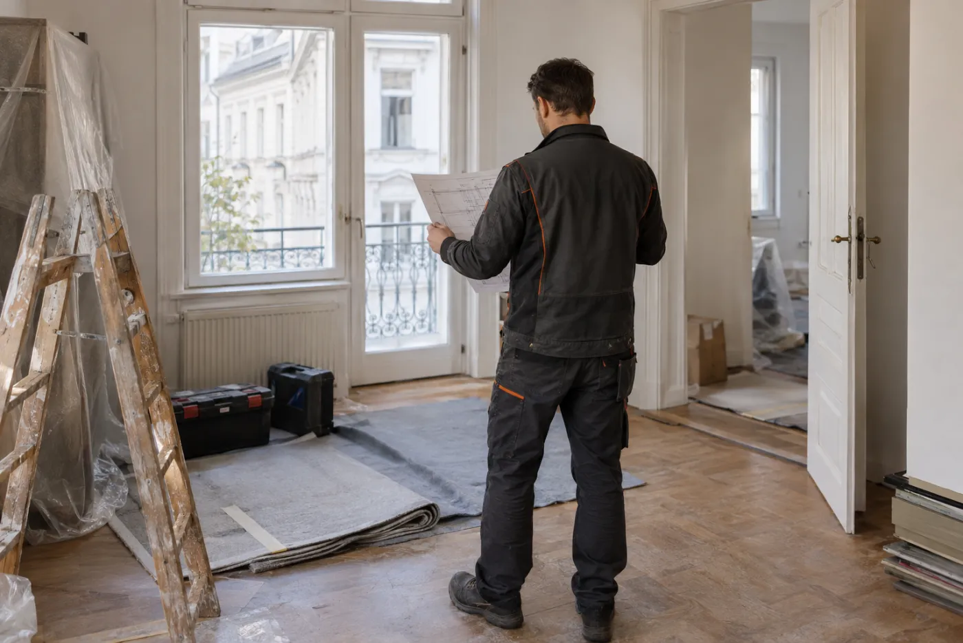 Handwerker betrachtet einen Plan in einem für Arbeiten vorbereiteten Raum.