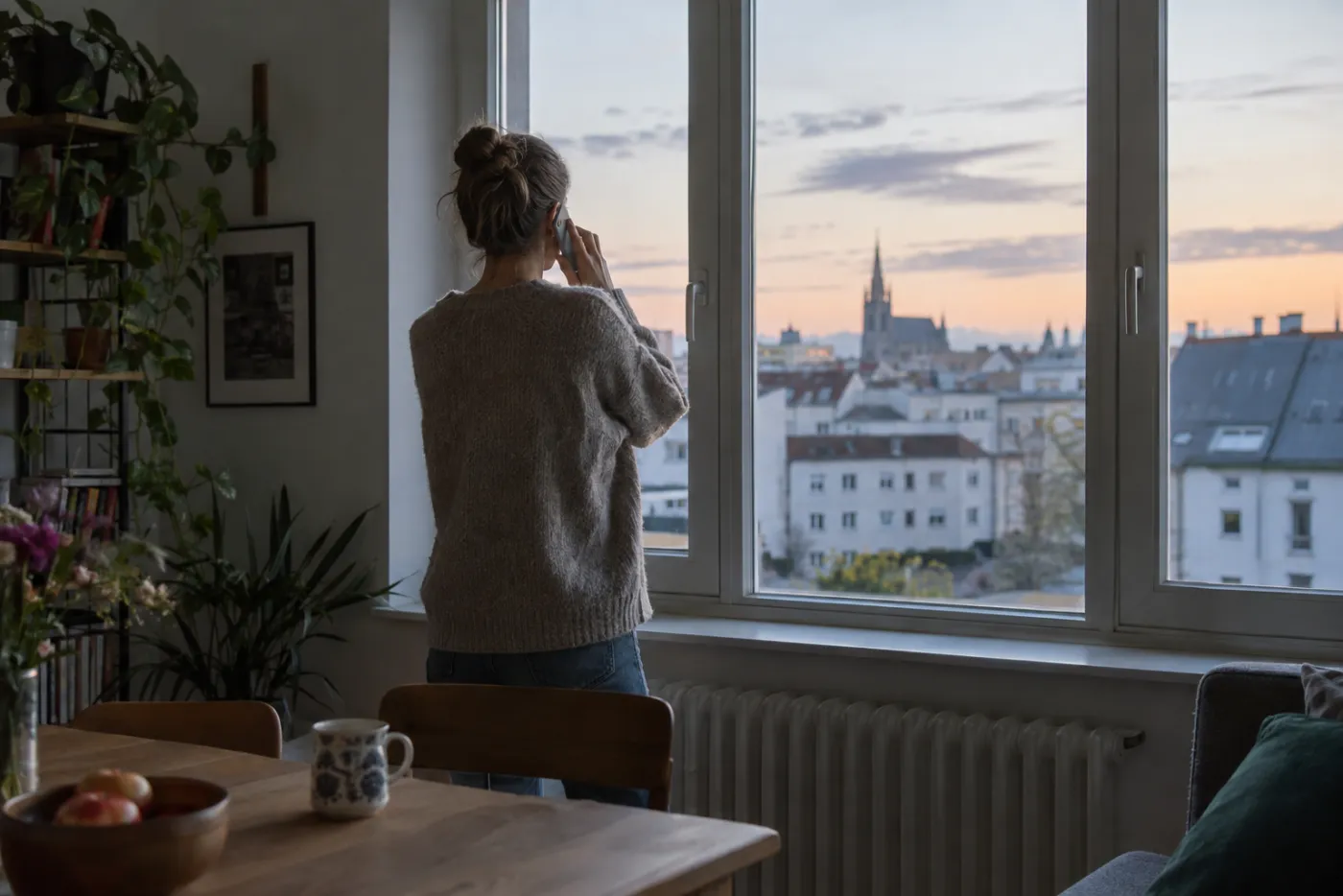 Eine Person telefoniert am Fenster einer Wohnung in der Abenddämmerung.