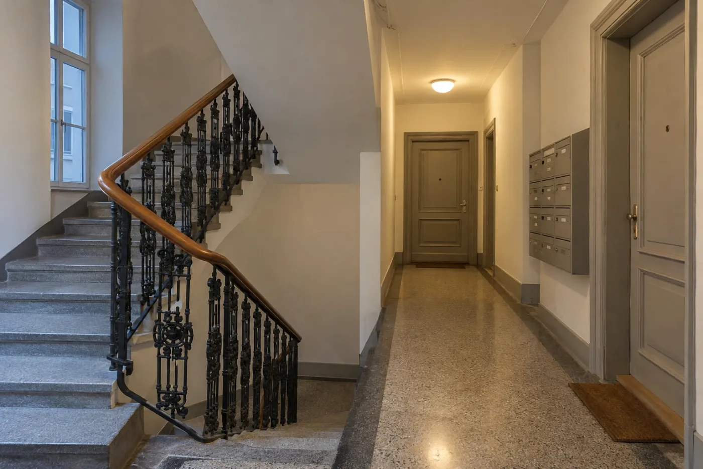 Beleuchtetes gemeinschaftliches Stiegenhaus mit geschlossenen Wohnungstüren.