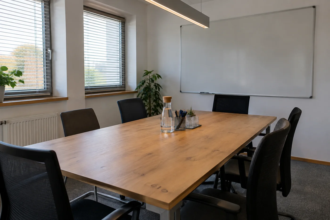 Einfacher Besprechungsraum mit Tisch, Stühlen und Deckenbeleuchtung