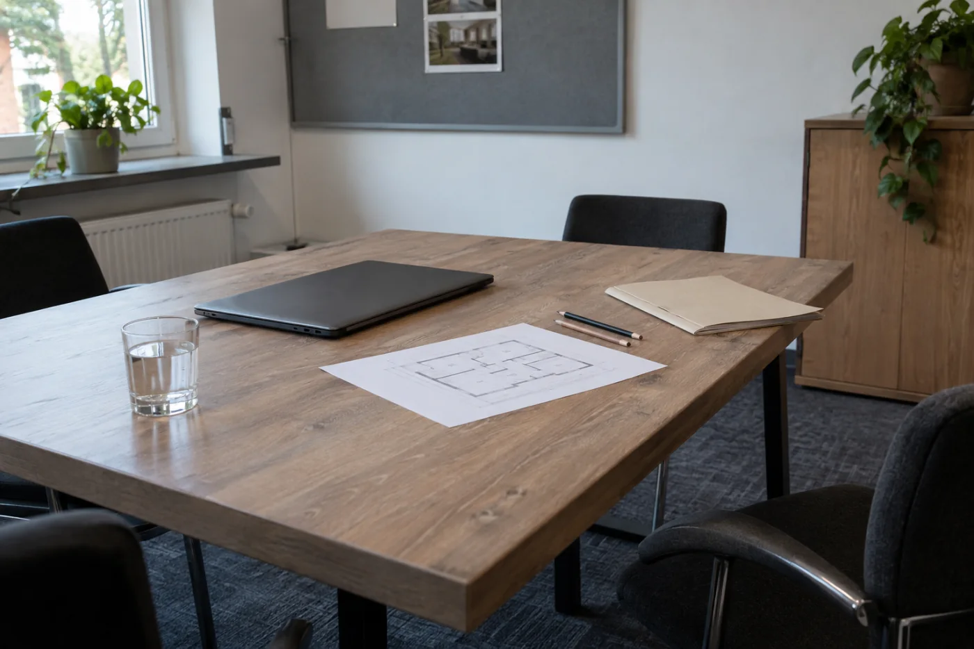 Grundriss und Arbeitsunterlagen auf einem Besprechungstisch