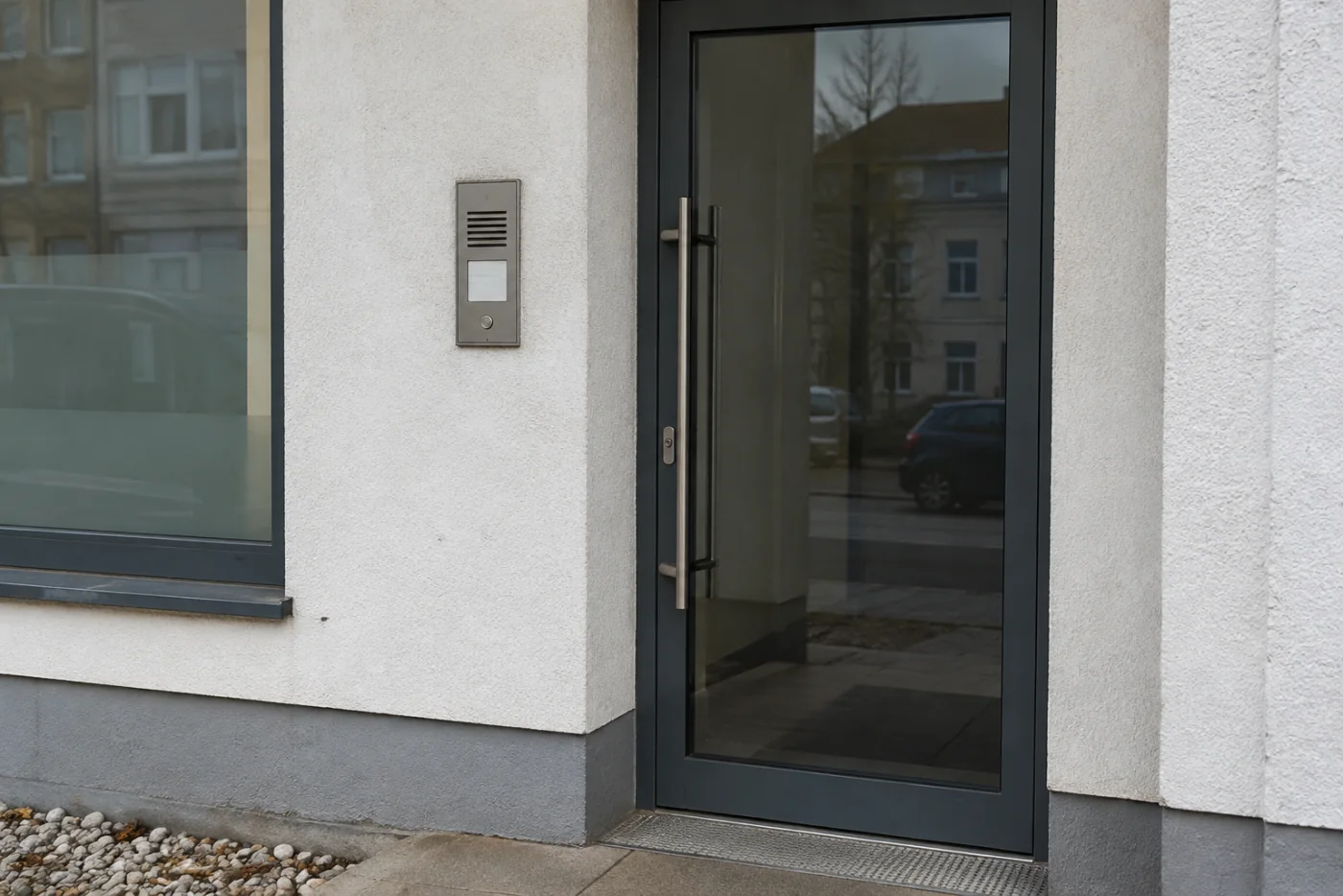 Gegensprechanlage an einem unbeschrifteten Geschäftseingang
