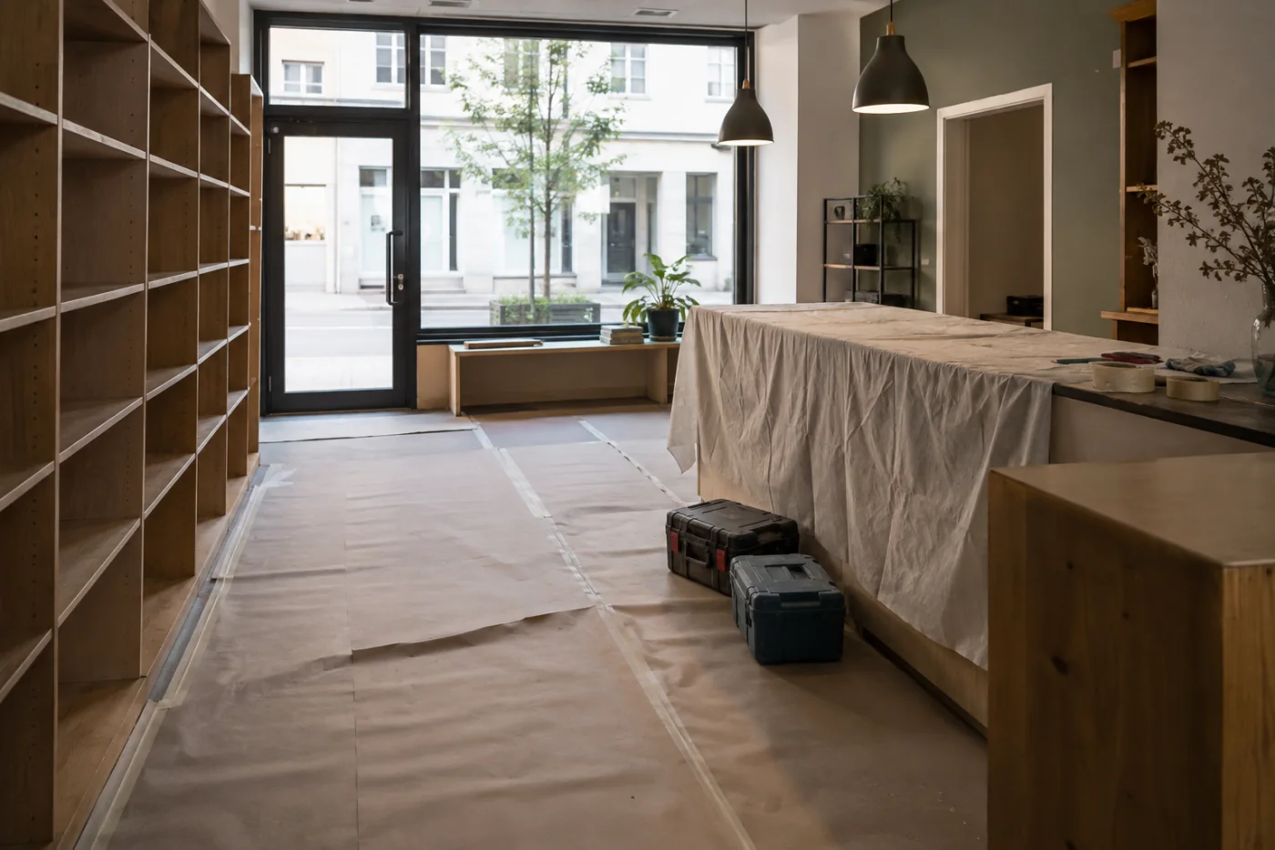 Geschäftsraum mit geschützten Flächen und geschlossenen Werkzeugkoffern