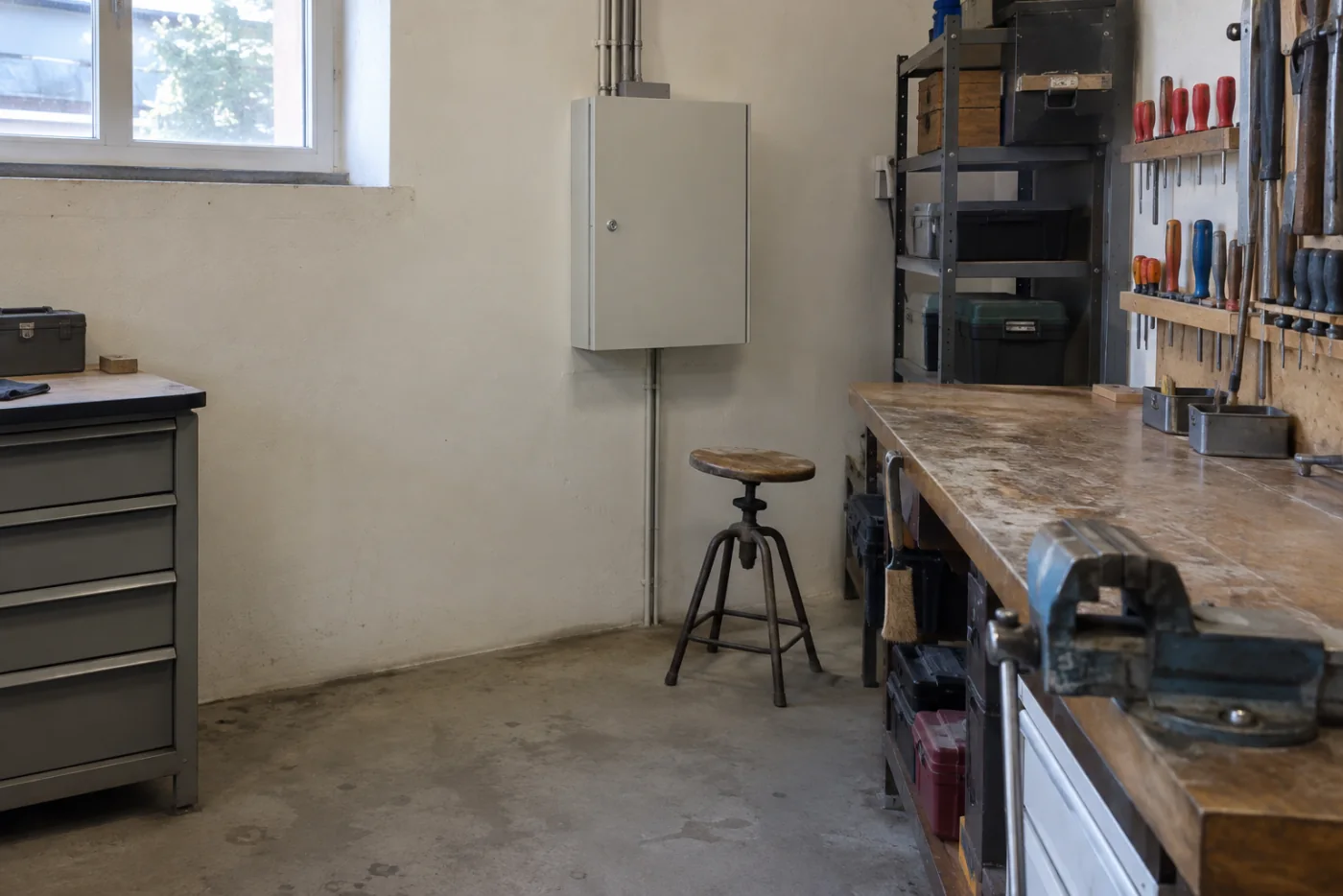 Geschlossener elektrischer Verteiler an einer Werkstattwand