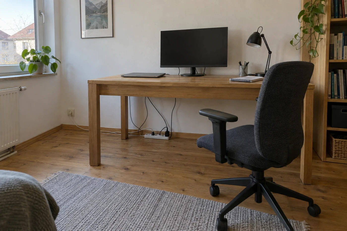Kleiner Heimarbeitsplatz mit lose geführten Gerätekabeln unter dem Schreibtisch