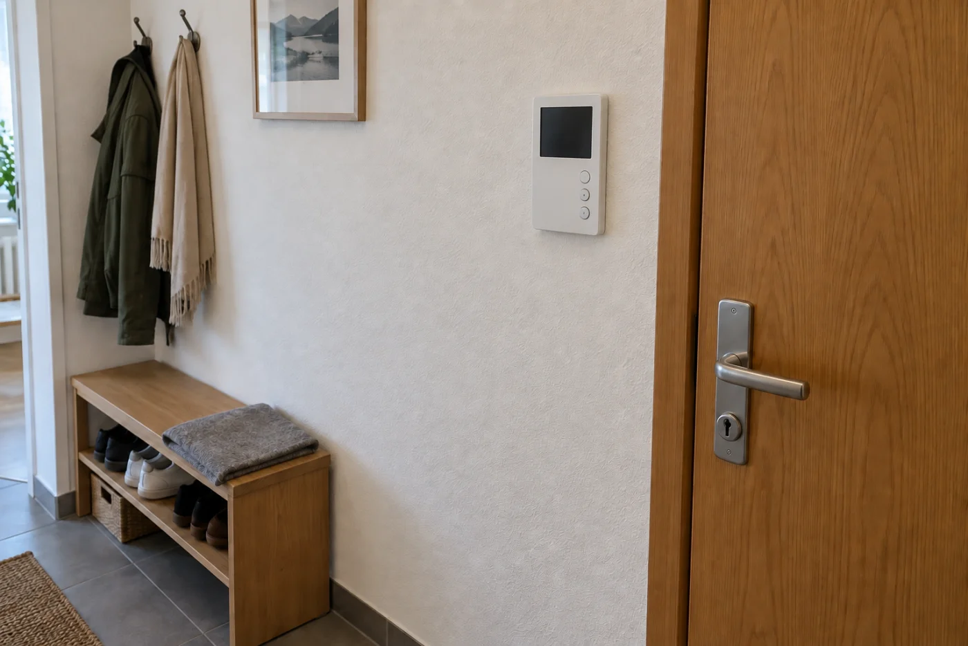 Derselbe kleine Wohnungsflur mit einer modernen geschlossenen Video-Innenstation