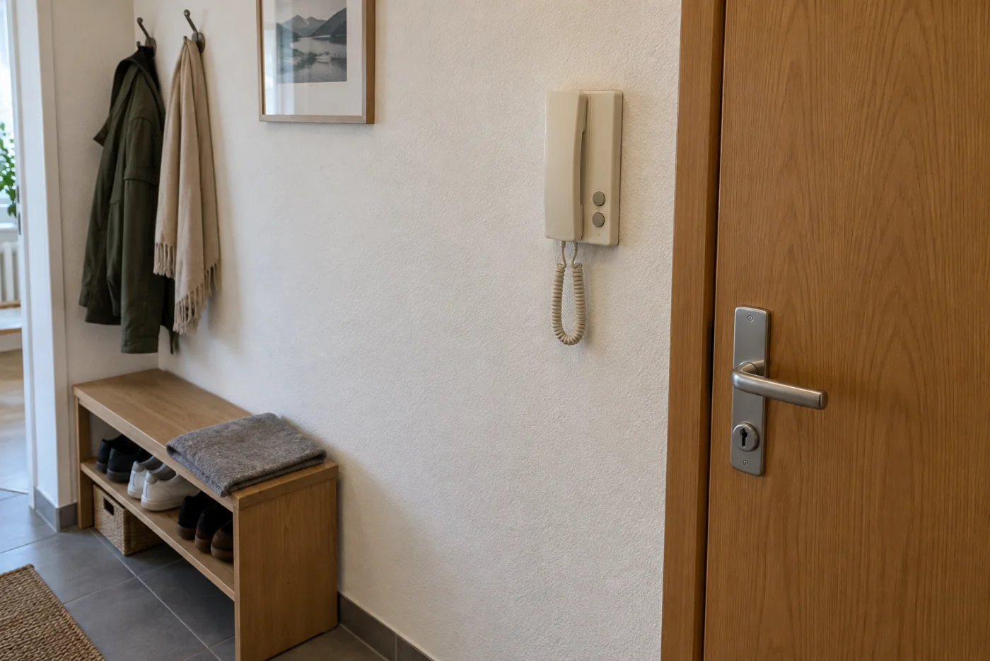 Ältere geschlossene Audio-Innenstation mit Hörer in einem kleinen Wohnungsflur