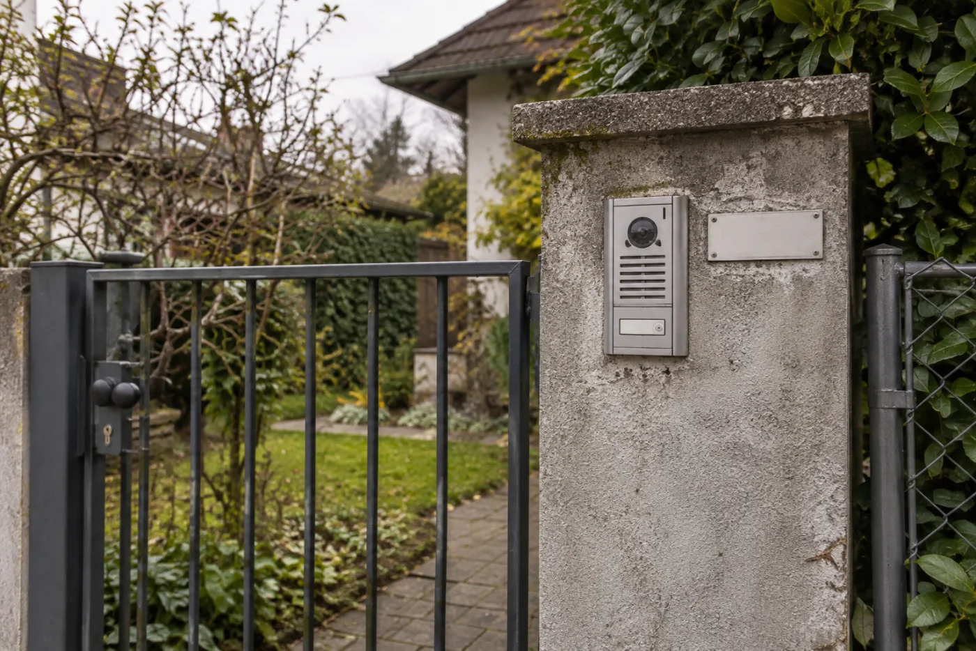 Unbeschriftete Gegensprechanlage an einem Gartentor