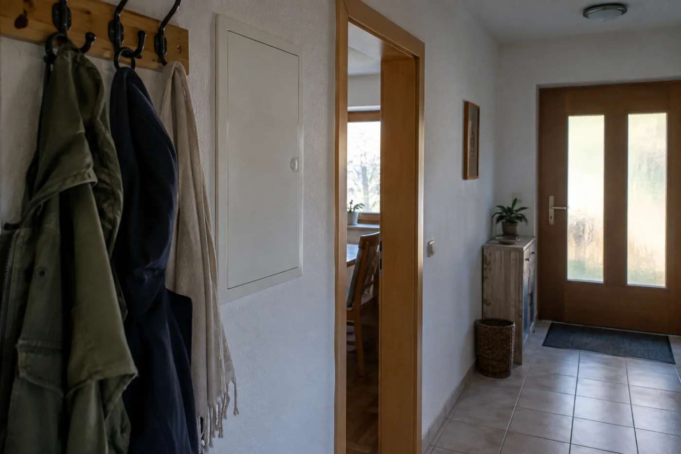 Geschlossener weißer Stromverteiler im Flur eines Einfamilienhauses