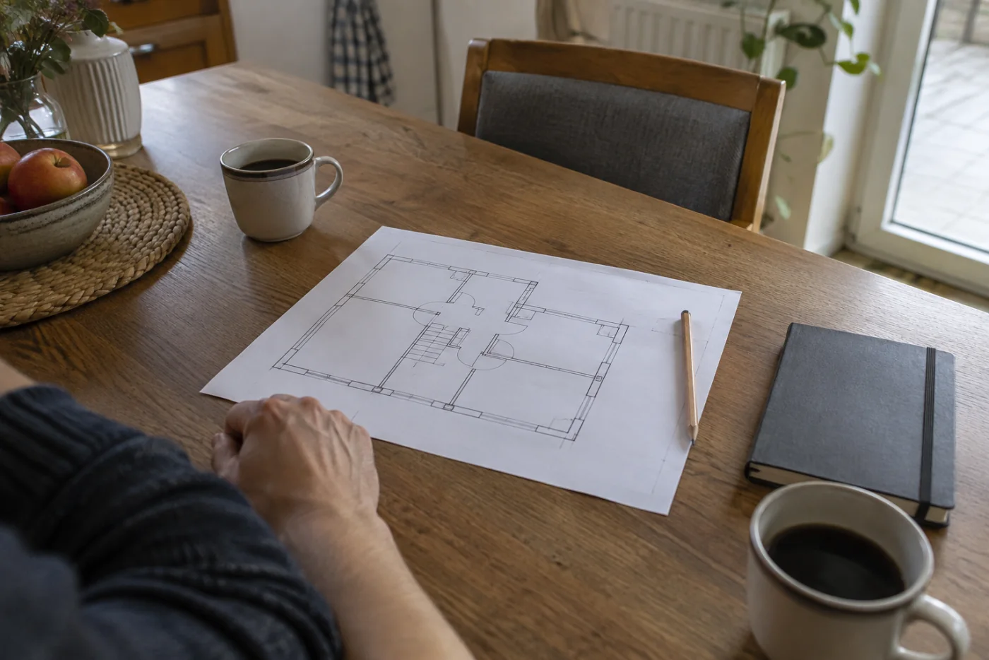 Planunterlagen auf einem Holztisch in einem bewohnten Einfamilienhaus