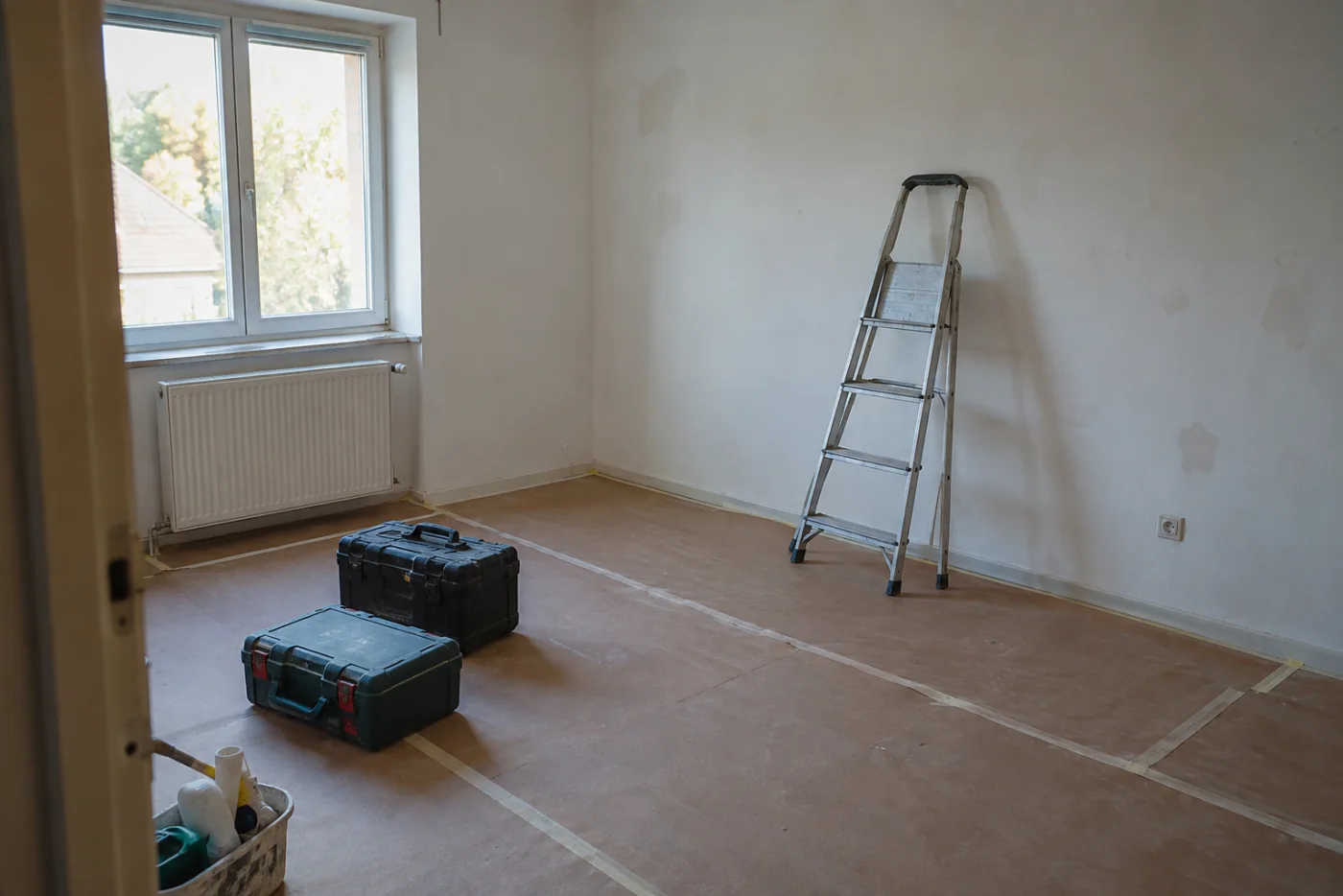 Bodenschutz und geschlossene Werkzeugkoffer in einem leeren Wohnraum