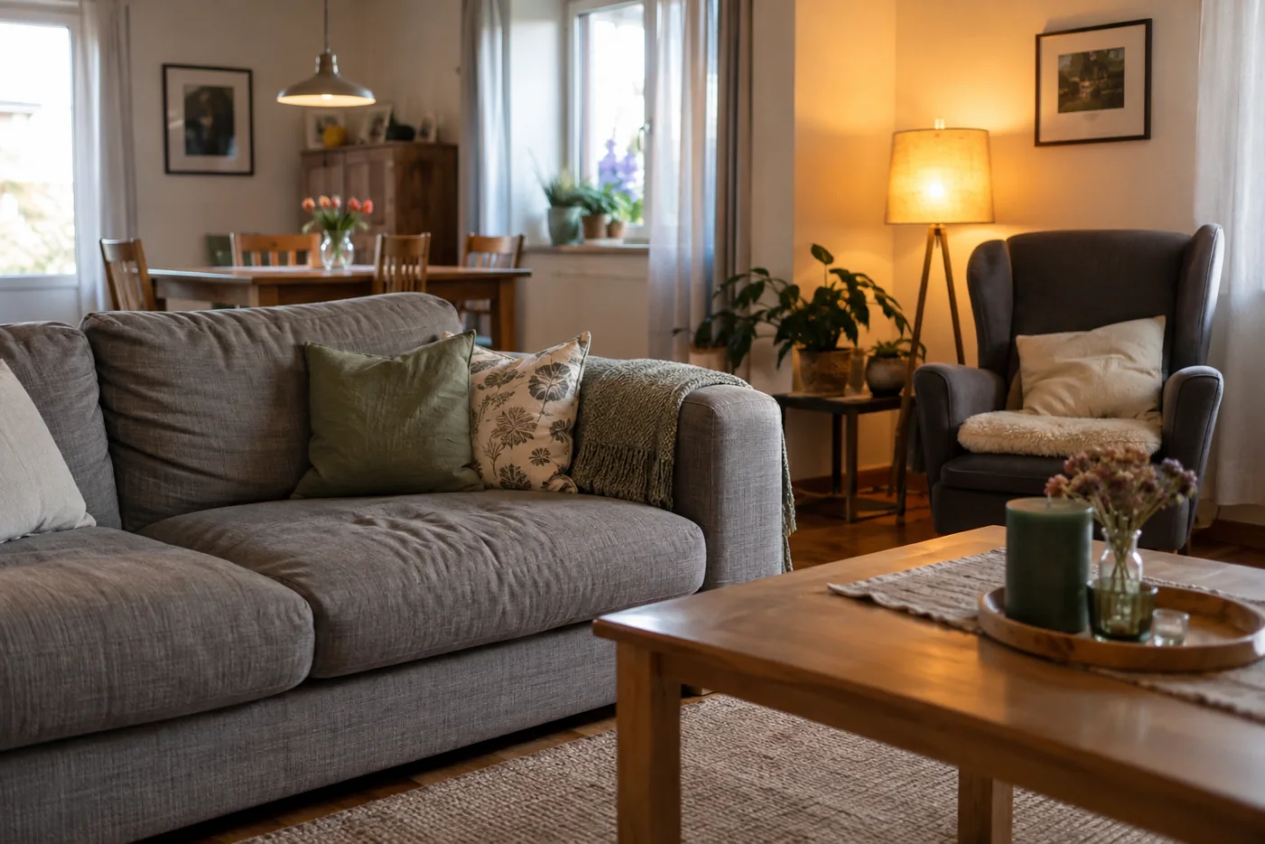 Wohnzimmer mit Tageslicht und dezent eingeschalteter Leselampe