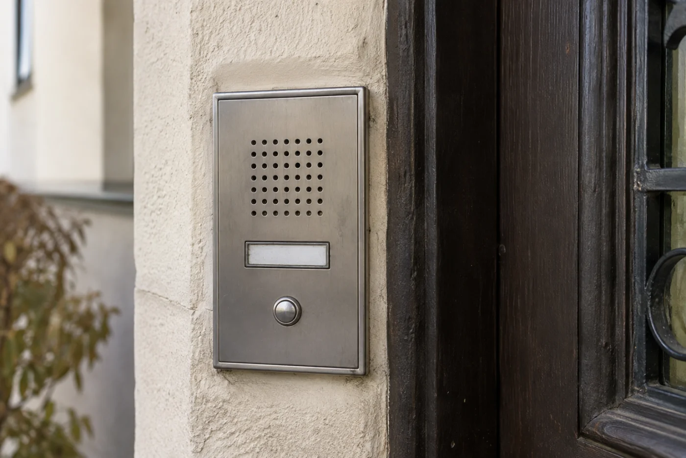 Einfache geschlossene Audio-Türstation aus Metall neben einem Hauseingang