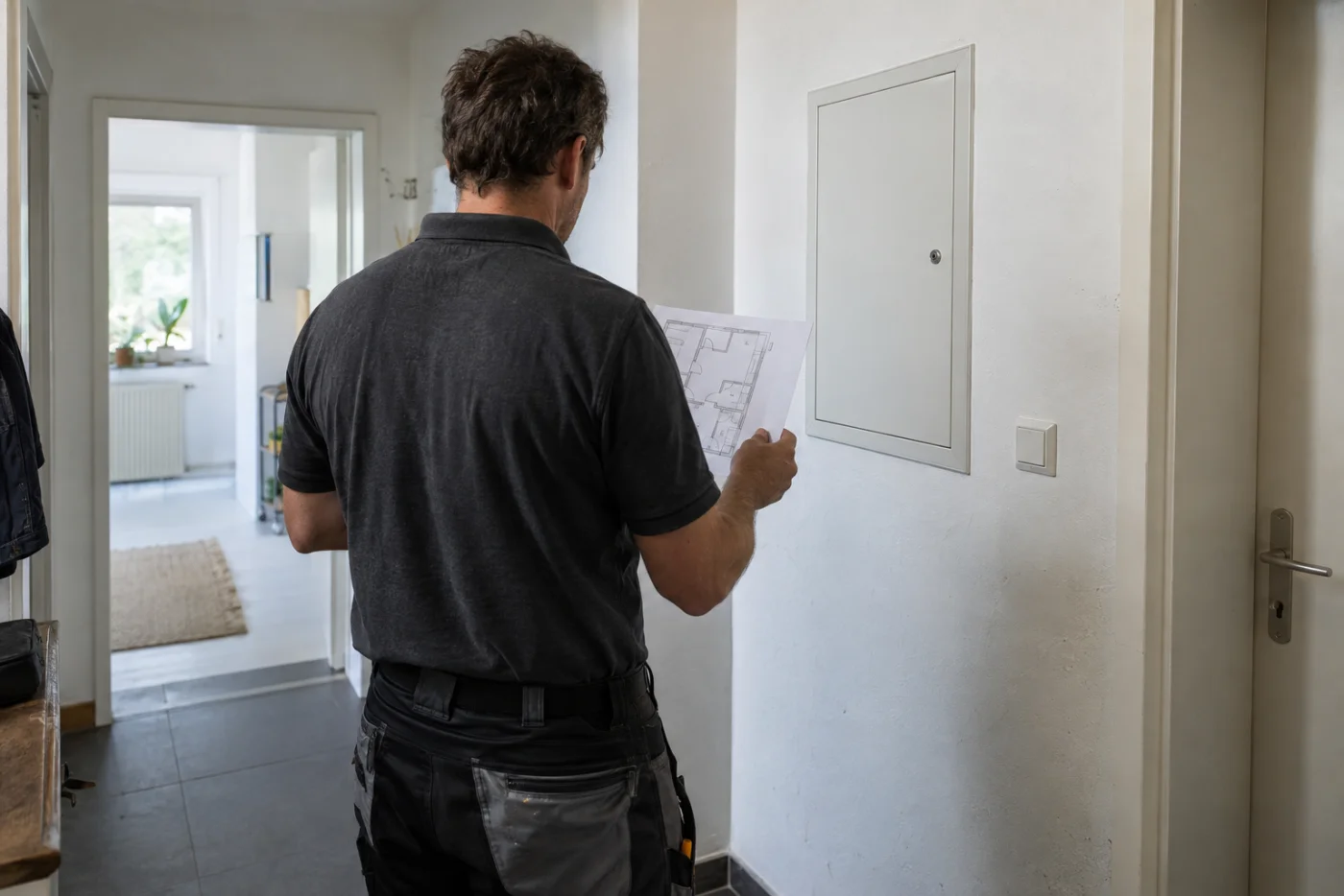 Elektriker von hinten mit Papierplan vor einem geschlossenen Elektroverteiler