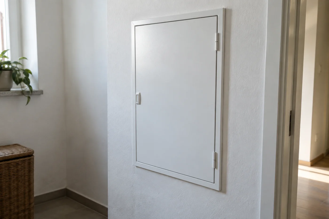Weißes geschlossenes Verteilergehäuse an einer verputzten Wand bei Tageslicht