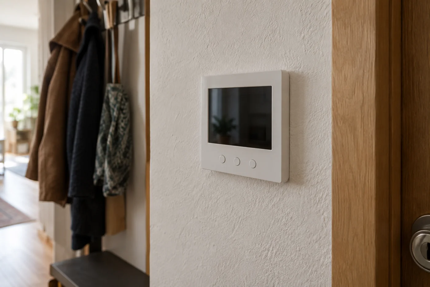 Geschlossene weiße Video-Innenstation neben einer Wohnungstür