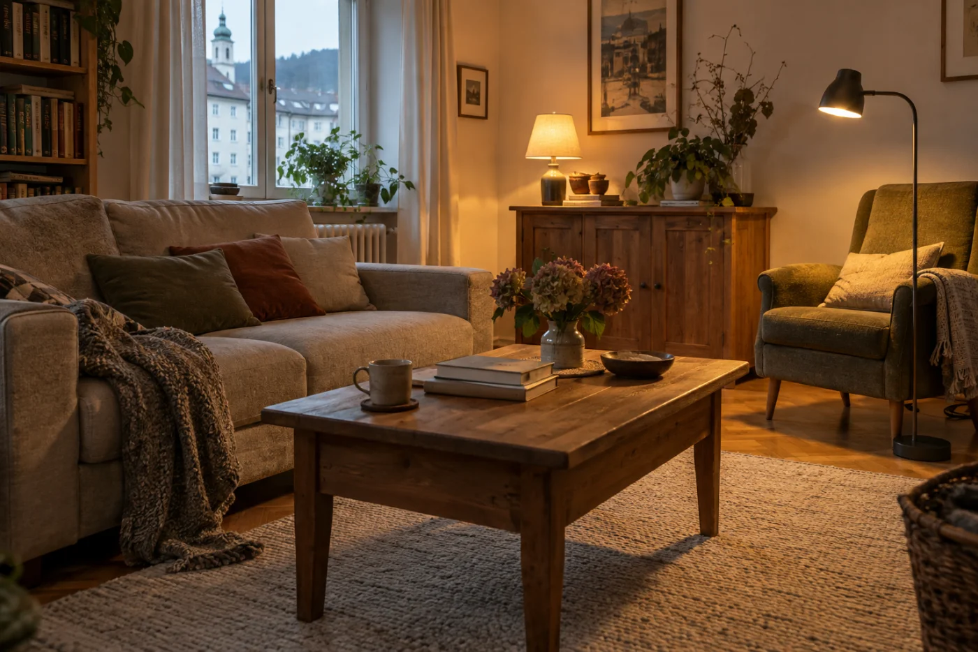 Wohnraum mit getrenntem Leselicht und sanfter Beleuchtung am Sideboard