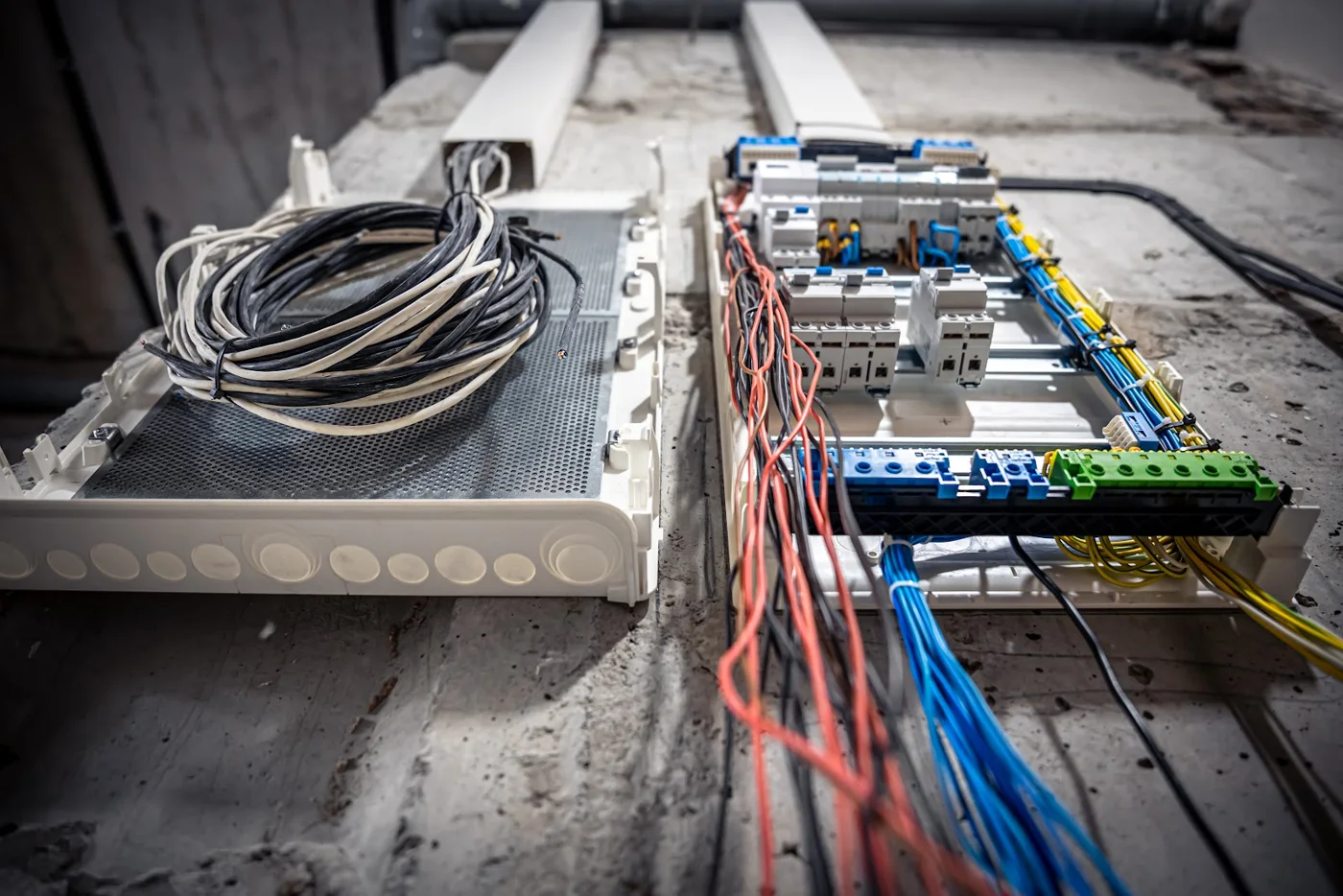 Offener Elektroverteiler mit Sicherungselementen auf einer Baustelle